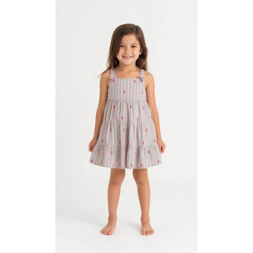 Gymboree Girls 5T Flamingo Seersucker Tiered Stripe Dress Multi-Color Sleeveless